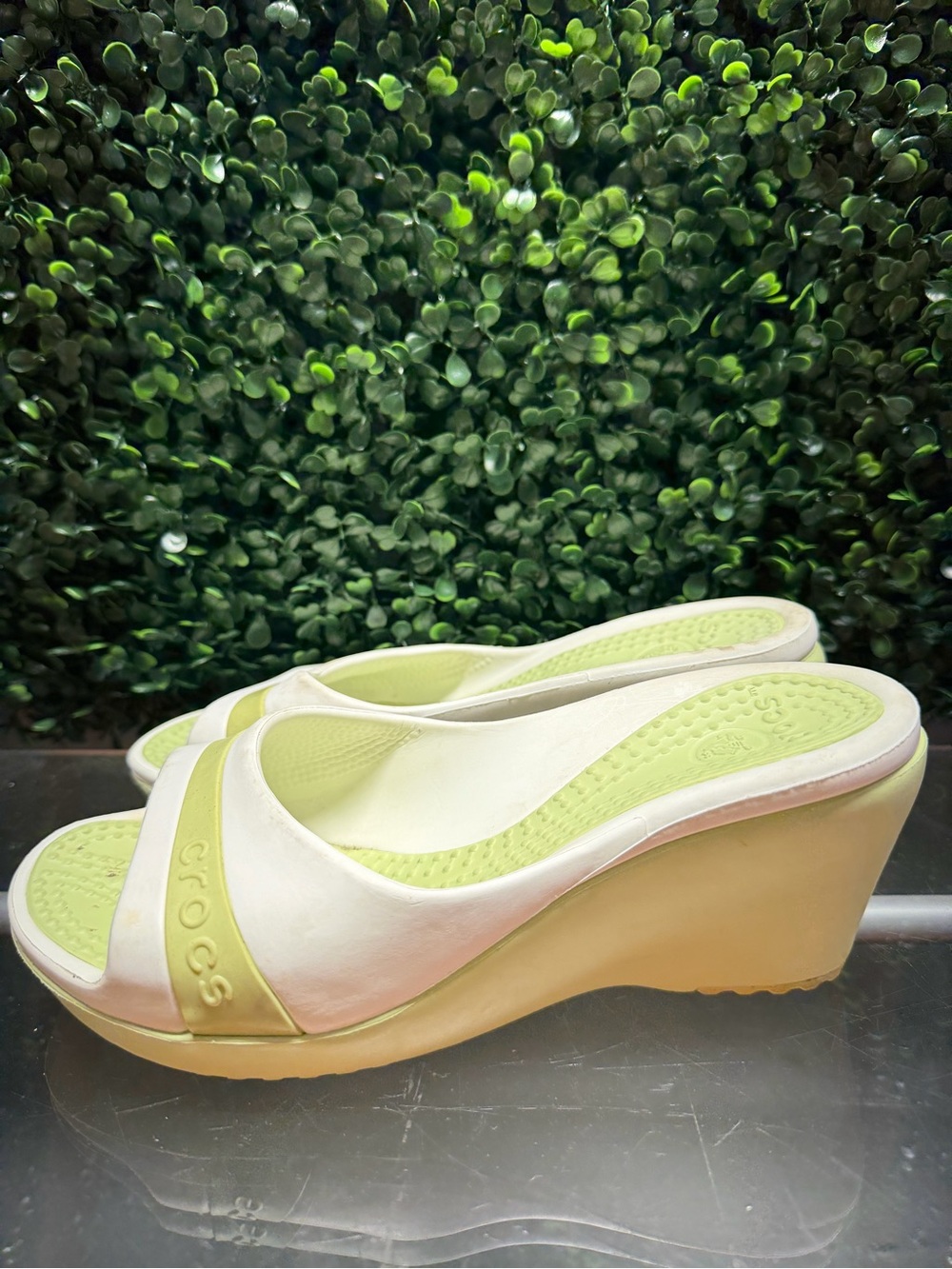 CROCS White and Lime Green Wedge Slide Sandals
